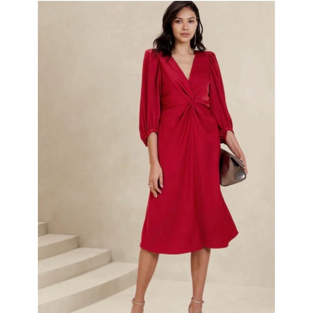 Banana Republic Red Twist Front V-Neck Puff Sleeve Midi Dress Size 12 NWT